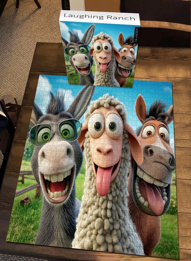 PICKFORU Laughing Ranch Jigsaw Puzzles 1000 Pieces, Funny Farm Animal Puzzles for Adults, Donkey Horse Sheep Puzzle as Home Decor - Image 2